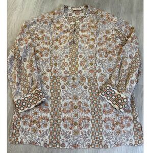 Tory Burch Orange Floral Geometric Metallic Silk Blend Tunic Top Womens Size M